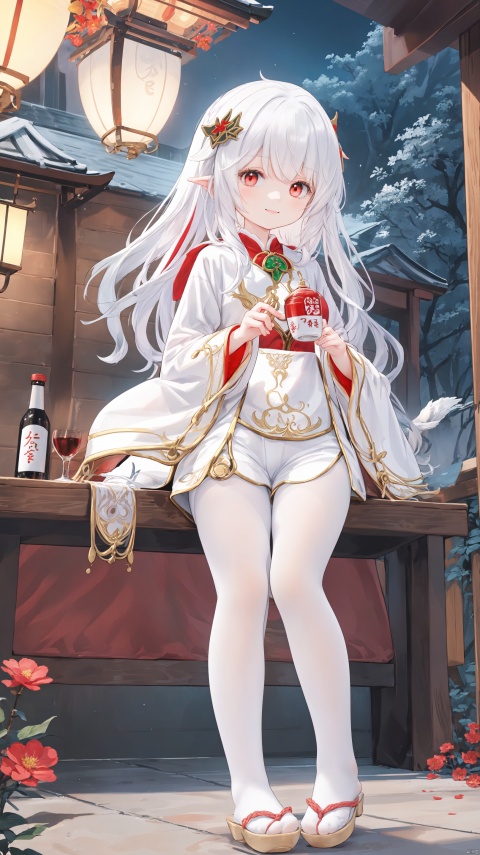  1girl, red_eyes, shide, bottle, flower, solo, white_hair, hair_ornament, holding, bird, bell, white pantyhose, shorts,  red_flower, hair_bell, black_shorts, looking_at_viewer, holding_bottle, breasts, wide_sleeves, horns, smile, lantern, outdoors, rope, cup, sakazuki, signature, white pantyhose,toeless_legwear, multicolored_hair, food, jingle_bell, red_hair, long_sleeves, japanese_clothes, sake_bottle, torii, holding_cup