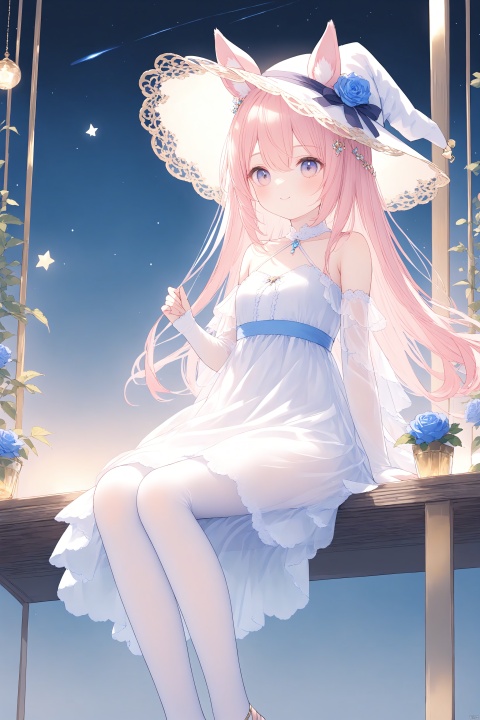 1girl, pleasant, loli, solo, animal ears, (horse ears:1.4), perfect face, round face, (perfect hands), (long straight hair), hair ornament, blue rose, bangs, hair between eyes,closed mouth, gentle smile, witch hat, (halter neck, strapless dress, sleeveless dress, (see-through)), covered breasts, bare shoulder, sleeveless), gown, neck jewelry, lace, elegant, elbow gloves, gold_trim,white pantyhose,toeless_legwear, full body, sitting in the sky,head slit, small breasts, starry sky, night