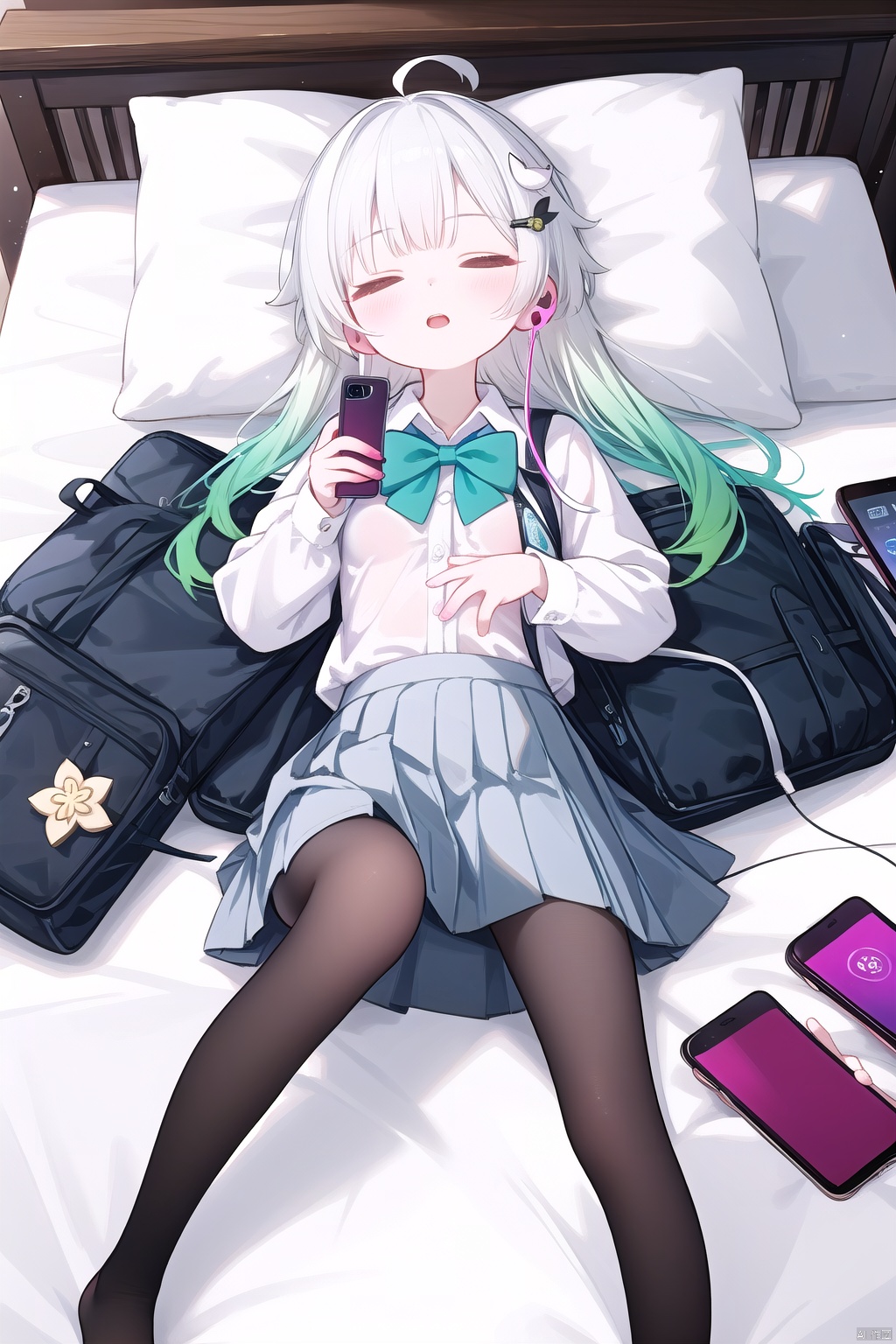 masterpiece,best quality,high quality,(colorful),[Artist onineko],[Artist chen bin],[Artist agwing86],Artist minato ojitan, 1girl, solo, lying, phone, on back, cellphone, skirt, closed eyes, bow, pillow, smartphone, white pantyhose, shirt, hair ornament, pleated skirt, sleeping, earphones, white shirt, school uniform, on bed, indoors, long hair, bowtie, blush, bed, hairclip, toeless_legwear, long sleeves, grey skirt, earbuds, breasts,open mouth, bag, school bag, collared shirt, no shoes, open skirt, small breasts, wooden floor, from above, black bowtie, white hair,green hair,hair ornament, gradient hair,nahida (genshin impact)