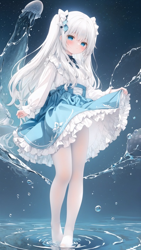 Multi layer white lace skirt,on water surface, full body picture, white,pantyhose,stepping on the water surface, ripples, falling from the sky to the water surface, white haired blue eyed girl, jellyfish head, two strands of long hair, starry sky, dancing posture, blue courtesy, toeless_legwear