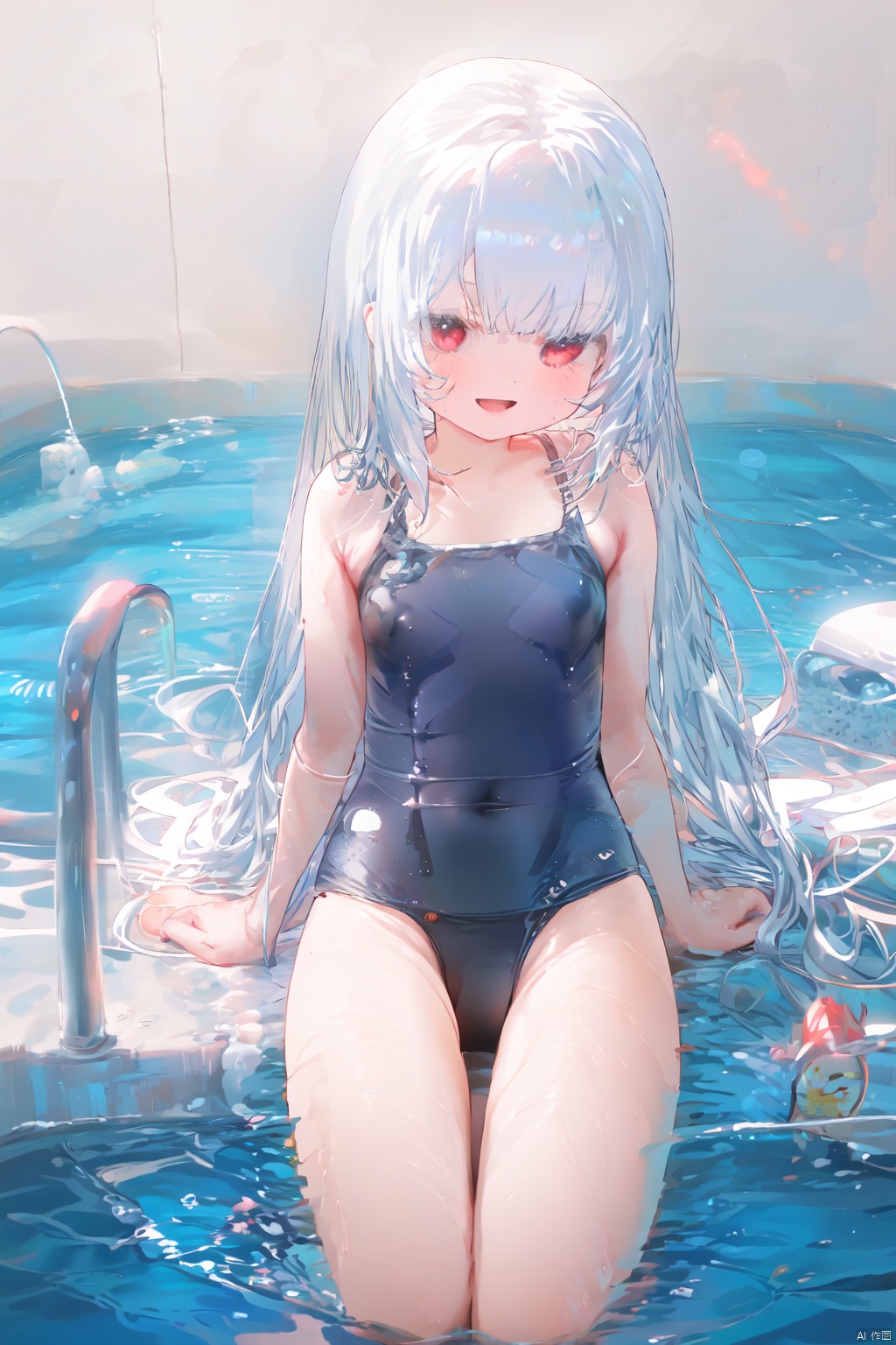  nai3,1girl,white hair,red eyes,1girl, solo, swimsuit, long_hair, pool, one-piece_swimsuit, smile, looking_at_viewer, school_swimsuit, open_mouth, breasts, wet, bangs, :d, water, white_hair, poolside, bare_arms, blush, bare_shoulders, small_breasts, black_one-piece_swimsuit, arm_support, blue_one-piece_swimsuit, collarbone, sidelocks, tile_floor, tiles, very_long_hair,best quality, amazing quality, very aesthetic, absurdres,white pantyhose