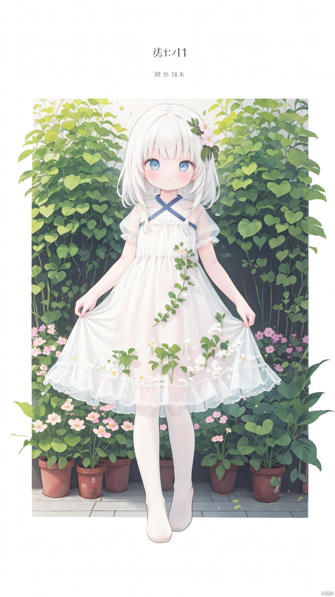 masterpiece,best quality,high quality,(colorful),[Artist onineko],[Artist chen bin],[Artist agwing86],
white pantyhose,toeless_legwear,watercolor,masterpiece,best quality,extremely detailed,1girl,full body,beautiful detailed eyes,cute anime face,full body,beautiful detailed face,white hair,(Botanical illustration:1.5),white dress,1 girl,ziyi,