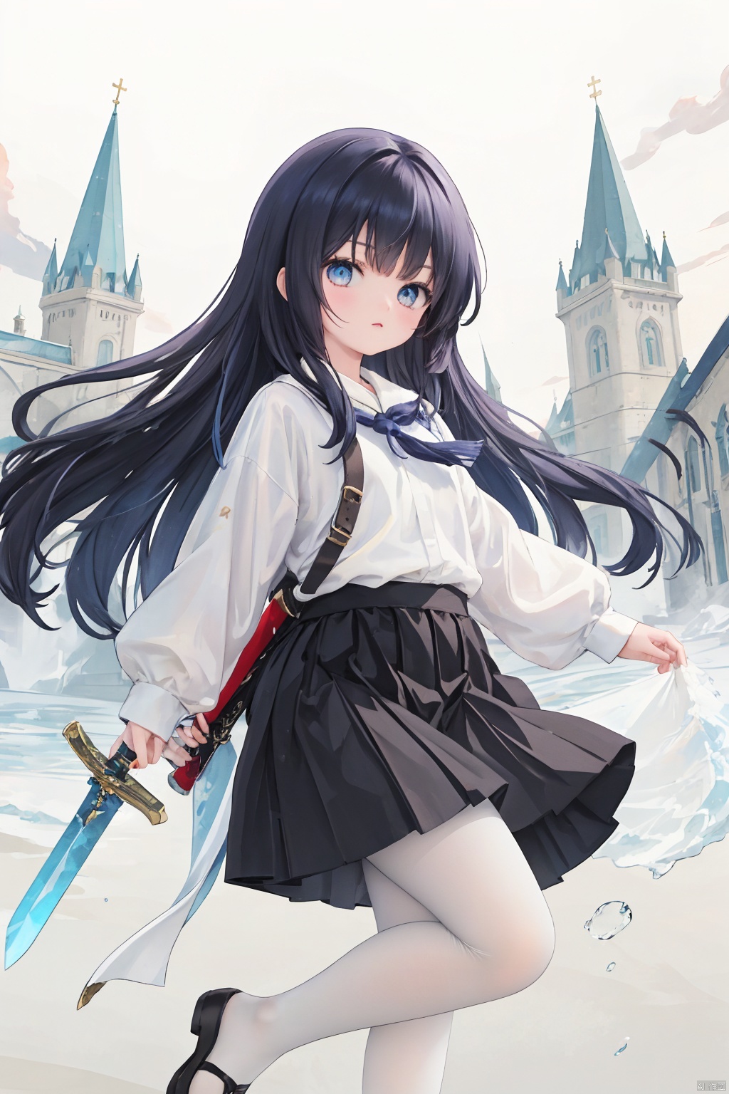  masterpiece,best quality,high quality,(colorful),[Artist onineko],[Artist chen bin],[Artist agwing86],Artist xukong, 1girl, solo, weapon, long hair, blue eyes, holding weapon, sword, holding, holding sword, looking at viewer, black hair, skirt, shirt, white shirt, long sleeves, white pantyhose,toeless_legwear