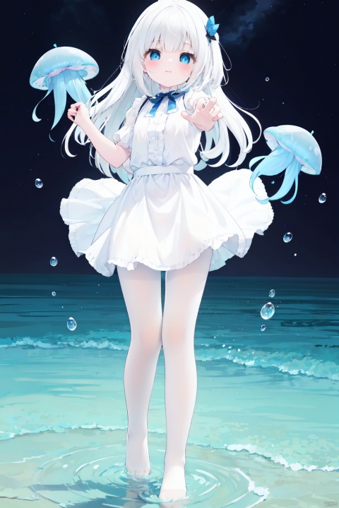 Multi layer white lace skirt,on  water surface, full body picture, white,pantyhose,stepping on the water surface, ripples, falling from the sky to the water surface, white haired blue eyed girl, jellyfish head, two strands of long hair, starry sky, dancing posture, blue courtesy, toeless_legwear