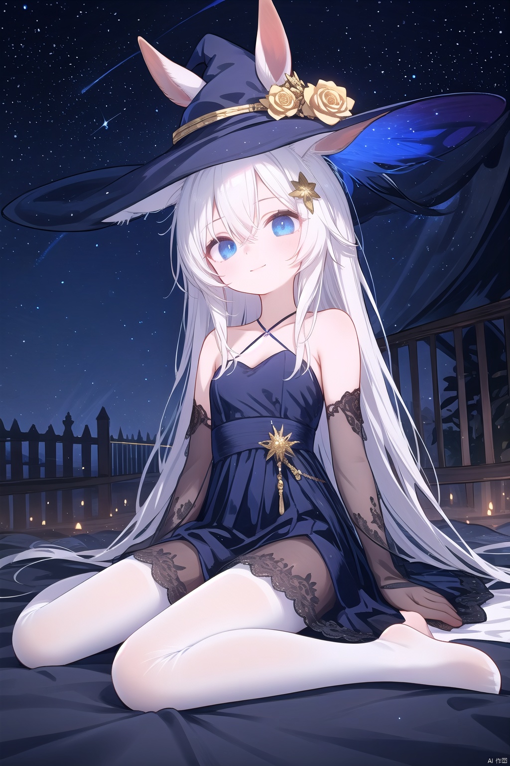 1girl, pleasant, loli, solo, animal ears, (horse ears:1.4), perfect face, round face, (perfect hands), (long straight hair), hair ornament, blue rose, bangs, hair between eyes,closed mouth, gentle smile, witch hat, (halter neck, strapless dress, sleeveless dress, (see-through)), covered breasts, bare shoulder, sleeveless), gown, neck jewelry, lace, elegant, elbow gloves, gold_trim,white pantyhose,toeless_legwear, full body, sitting in the sky,head slit, small breasts, starry sky, night