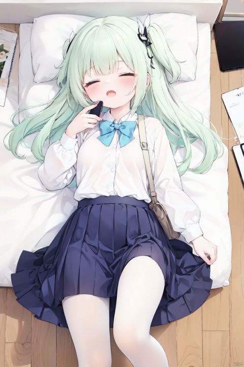 masterpiece,best quality,high quality,(colorful),[Artist onineko],[Artist chen bin],[Artist agwing86],Artist minato ojitan, 1girl, solo, lying, phone, on back, cellphone, skirt, closed eyes, bow, pillow, smartphone, white pantyhose, shirt, hair ornament, pleated skirt, sleeping, earphones, white shirt, school uniform, on bed, indoors, long hair, bowtie, blush, bed, hairclip, toeless_legwear, long sleeves, grey skirt, earbuds, breasts,open mouth, bag, school bag, collared shirt, no shoes, open skirt, small breasts, wooden floor, from above, black bowtie, white hair,green hair,hair ornament, gradient hair,nahida (genshin impact)