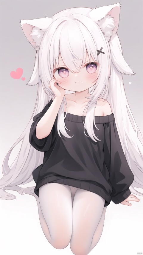  petite, loli, solo, animal ears, heart, puffy short sleeves, white hair, long hair, off shoulder, bangs, hair ornament, gradient background,rainbow gradient, x hair ornament, animal ear fluff, looking at viewer, very long hair, blush, smile, cat ears, bare shoulders, collarbone, hand up, gradient sweater, hair between eyes, symbol-shaped pupils, arm up, heart-shaped pupils, hairclip, medium breasts, salute, bare legs,full body,white pantyhose
