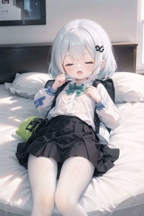 masterpiece,best quality,high quality,(colorful),[Artist onineko],[Artist chen bin],[Artist agwing86],Artist minato ojitan, 1girl, solo, lying, phone, on back, cellphone, skirt, closed eyes, bow, pillow, smartphone, white pantyhose, shirt, hair ornament, pleated skirt, sleeping, earphones, white shirt, school uniform, on bed, indoors, long hair, bowtie, blush, bed, hairclip, toeless_legwear, long sleeves, grey skirt, earbuds, breasts,open mouth, bag, school bag, collared shirt, no shoes, open skirt, small breasts, wooden floor, from above, black bowtie, white hair,green hair,hair ornament, gradient hair