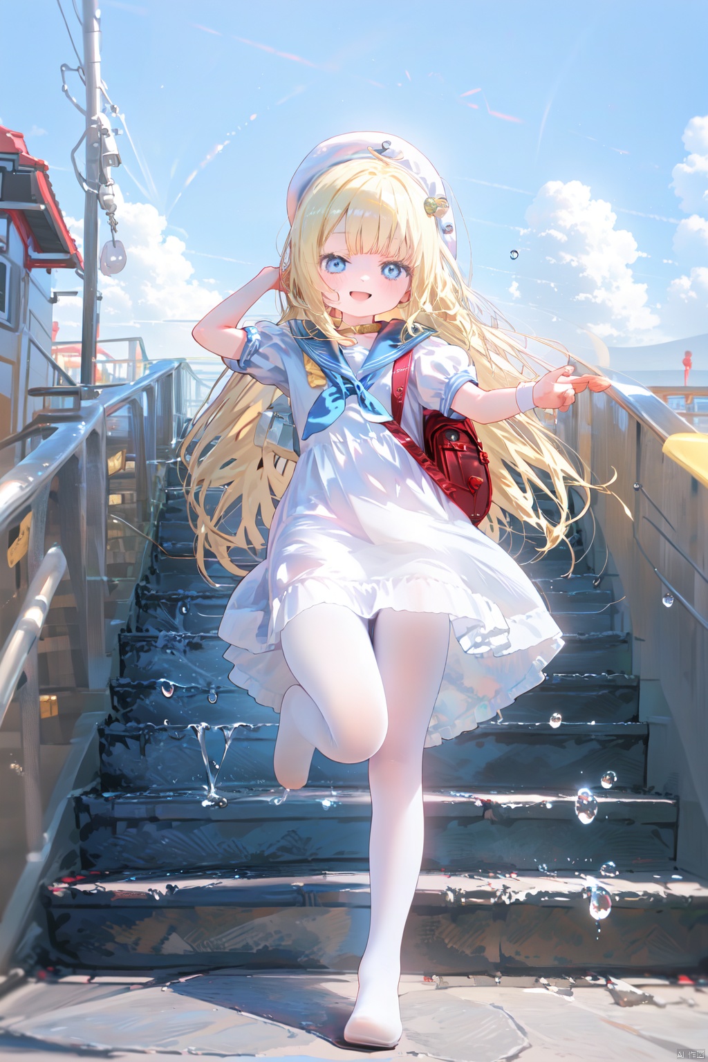 1girl, solo, white headwear, outdoors, rainbow, dress, day, long hair, sailor dress, short sleeves, hat, blonde hair, puffy short sleeves, shoes, puffy sleeves, sailor collar, open mouth, water drop, white dress, sky, loafers, blush, very long hair, blue sky, cloud, beret, backpack, smile, bag,white pantyhose, standing on one leg, :d, standing, bangs, fang, neckerchief, red neckerchief, ahoge, stone stairs, depth of field, cloudy sky, looking at viewer, blue eyes, blurry, blue sailor collar, black sailor collar, outstretched arms,(no shoes),toeless_legwear