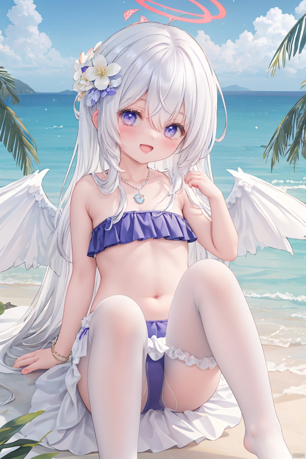  masterpiece,best quality,high quality,(colorful),[Artist miwano rag],[Artist chen bin],[Artist wlop],Artist momomoi momoi, 1girl, solo, hair ornament, azusa (blue archive), swimsuit, hair flower, bikini, long hair, flower, necklace, jewelry, frilled bikini, looking at viewer, frills, hair between eyes, blush, open mouth, smile, wings, halo, bow, bead necklace, strapless, beads, ahoge, bare shoulders, strapless bikini, outdoors, purple flower, official alternate costume, knees up, crossed bangs, white hair,white pantyhose,toeless_legwear