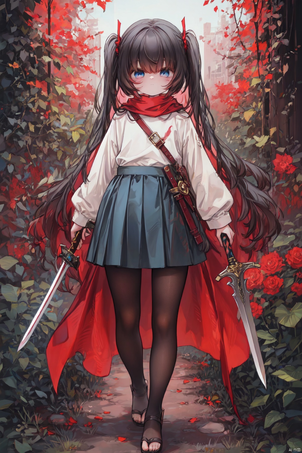  masterpiece,best quality,high quality,(colorful),[Artist onineko],[Artist chen bin],[Artist agwing86],Artist xukong, 1girl, solo, weapon, long hair, blue eyes, holding weapon, sword, holding, holding sword, looking at viewer, black hair, skirt, shirt, white shirt, long sleeves, black pantyhose,toeless_legwear