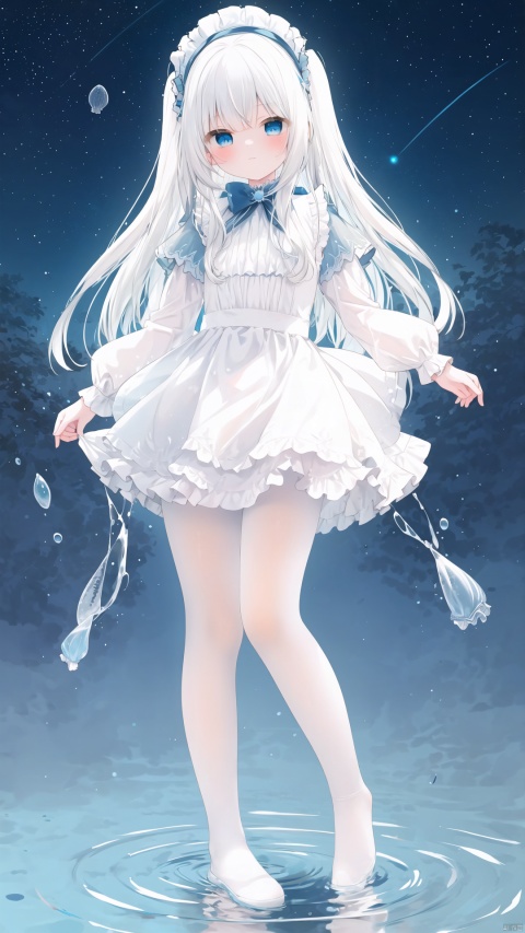 Multi layer white lace skirt,on water surface, full body picture, white,pantyhose,stepping on the water surface, ripples, falling from the sky to the water surface, white haired blue eyed girl, jellyfish head, two strands of long hair, starry sky, dancing posture, blue courtesy, toeless_legwear