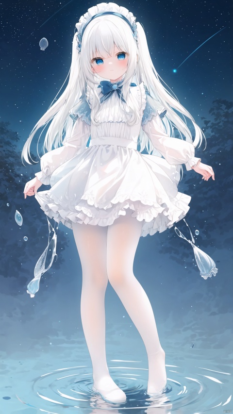 Multi layer white lace skirt,on water surface, full body picture, white,pantyhose,stepping on the water surface, ripples, falling from the sky to the water surface, white haired blue eyed girl, jellyfish head, two strands of long hair, starry sky, dancing posture, blue courtesy, toeless_legwear