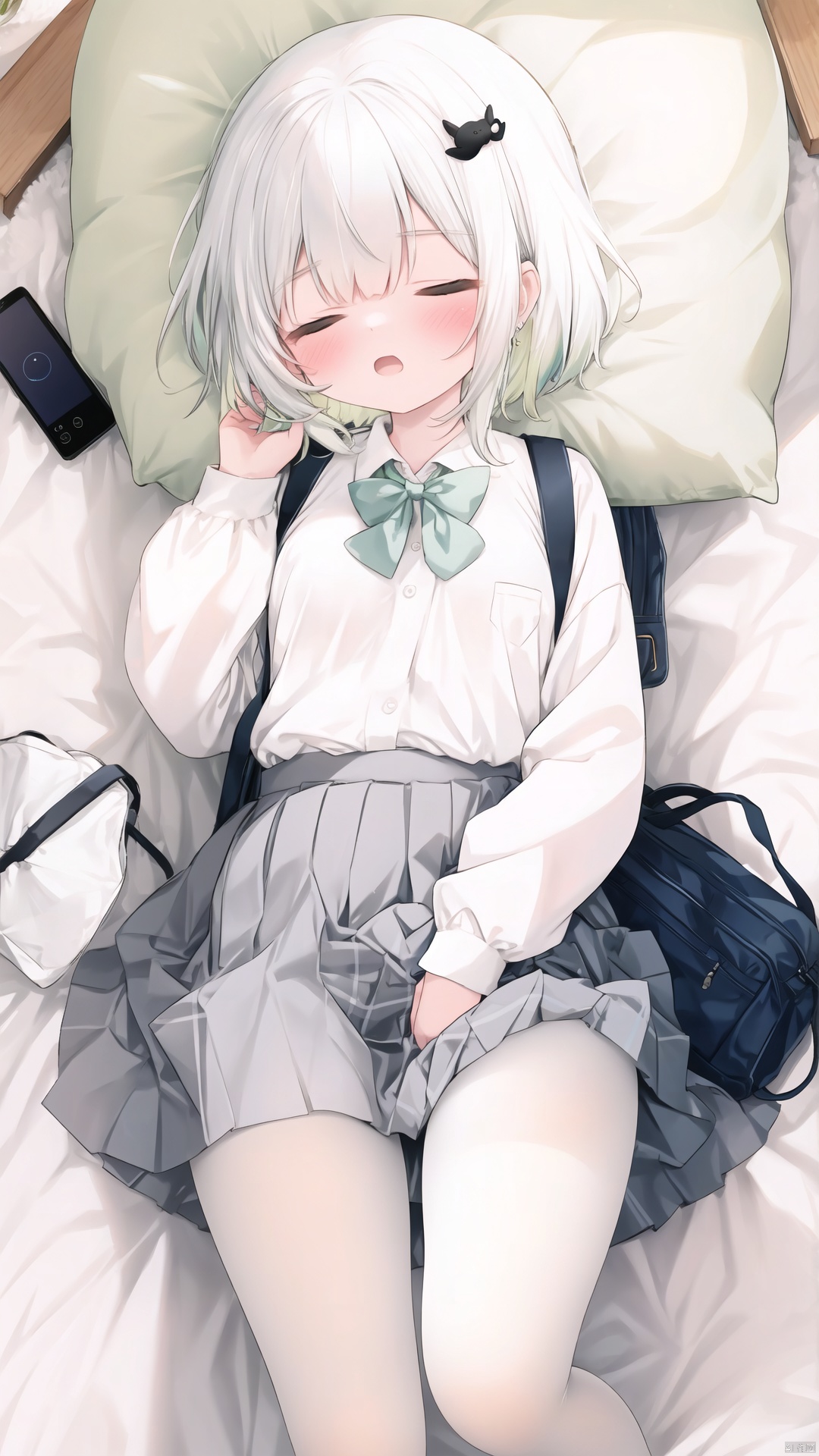 masterpiece,best quality,high quality,(colorful),[Artist onineko],[Artist chen bin],[Artist agwing86],Artist minato ojitan, 1girl, solo, lying, phone, on back, cellphone, skirt, closed eyes, bow, pillow, smartphone, white pantyhose, shirt, hair ornament, pleated skirt, sleeping, earphones, white shirt, school uniform, on bed, indoors, long hair, bowtie, blush, bed, hairclip, toeless_legwear, long sleeves, grey skirt, earbuds, breasts,open mouth, bag, school bag, collared shirt, no shoes, open skirt, small breasts, wooden floor, from above, black bowtie, white hair,green hair,hair ornament, gradient hair