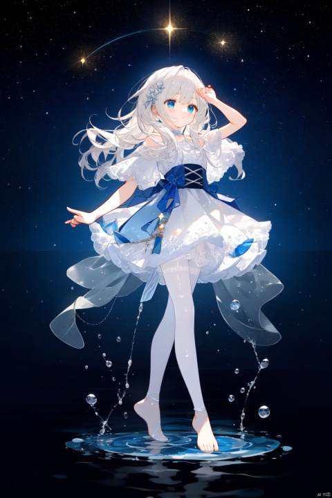 Multi layer white lace skirt,on  water surface, full body picture, white,pantyhose,stepping on the water surface, ripples, falling from the sky to the water surface, white haired blue eyed girl, jellyfish head, two strands of long hair, starry sky, dancing posture, blue courtesy, toeless_legwear