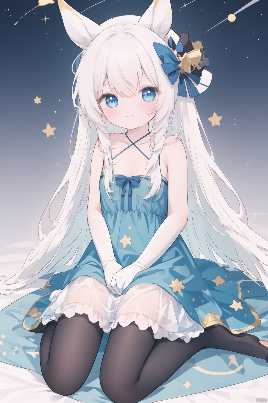 1girl, pleasant, loli, solo, animal ears, (horse ears:1.4), perfect face, round face, (perfect hands), (long straight hair), hair ornament, blue rose, bangs, hair between eyes,closed mouth, gentle smile, witch hat, (halter neck, strapless dress, sleeveless dress, (see-through)), covered breasts, bare shoulder, sleeveless), gown, neck jewelry, lace, elegant, elbow gloves, gold_trim,white pantyhose,toeless_legwear, full body, sitting in the sky,head slit, small breasts, starry sky, night