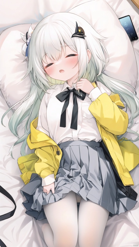 masterpiece,best quality,high quality,(colorful),[Artist onineko],[Artist chen bin],[Artist agwing86],Artist minato ojitan, 1girl, solo, lying, phone, on back, cellphone, skirt, closed eyes, bow, pillow, smartphone, white pantyhose, shirt, hair ornament, pleated skirt, sleeping, earphones, white shirt, school uniform, on bed, indoors, long hair, bowtie, blush, bed, hairclip, toeless_legwear, long sleeves, grey skirt, earbuds, breasts,open mouth, bag, school bag, collared shirt, no shoes, open skirt, small breasts, wooden floor, from above, black bowtie, white hair,green hair,hair ornament, gradient hair,nahida (genshin impact)