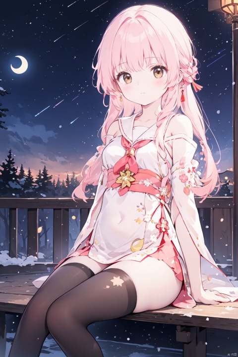  1girl, aerial_fireworks, aurora, bare_tree, bottomless, brown_eyes, city_lights, constellation, covering, covering_crotch, crescent_moon, dust, earth_\(planet\), fireflies, fireworks, full_moon, galaxy, lamppost, light_particles, long_hair, looking_at_viewer, milky_way, moon, moonlight, night, night_sky, onsen, outdoors, pine_tree, planet, shooting_star, sitting, sky, snow, snowing, solo, space, star_\(sky\), star_\(symbol\), starry_background, starry_sky, starry_sky_print, tanabata, tanzaku, tree, v_arms, window, winter,pink hair,Black stockings, blackpantyhose, white thighhighs, sailor senshi uniform, china dress,Off Shoulder, future007