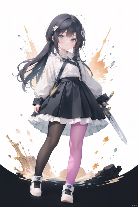  masterpiece,best quality,high quality,(colorful),[Artist onineko],[Artist chen bin],[Artist agwing86],Artist xukong, 1girl, solo, weapon, long hair, blue eyes, holding weapon, sword, holding, holding sword, looking at viewer, black hair, skirt, shirt, white shirt, long sleeves, white pantyhose,toeless_legwear