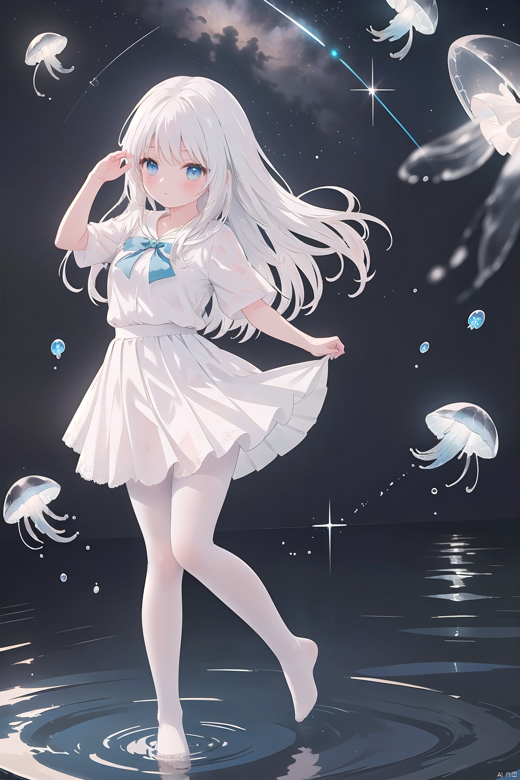 Multi layer white lace skirt,on  water surface, full body picture, white,pantyhose,stepping on the water surface, ripples, falling from the sky to the water surface, white haired blue eyed girl, jellyfish head, two strands of long hair, starry sky, dancing posture, blue courtesy, toeless_legwear