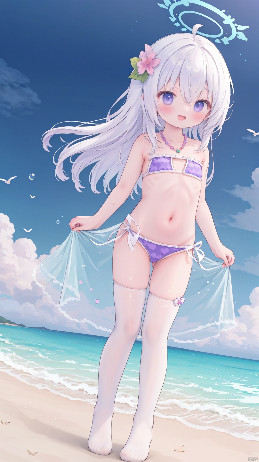  masterpiece,best quality,high quality,(colorful),[Artist miwano rag],[Artist chen bin],[Artist wlop],Artist momomoi momoi, 1girl, solo, hair ornament, azusa (blue archive), swimsuit, hair flower, bikini, long hair, flower, necklace, jewelry, frilled bikini, looking at viewer, frills, hair between eyes, blush, open mouth, smile, wings, halo, bow, bead necklace, strapless, beads, ahoge, bare shoulders, strapless bikini, outdoors, purple flower, official alternate costume, knees up, crossed bangs, white hair,white pantyhose,toeless_legwear