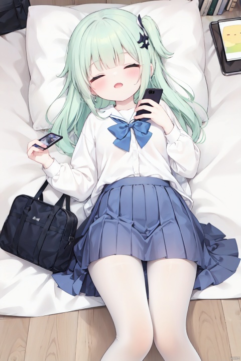 masterpiece,best quality,high quality,(colorful),[Artist onineko],[Artist chen bin],[Artist agwing86],Artist minato ojitan, 1girl, solo, lying, phone, on back, cellphone, skirt, closed eyes, bow, pillow, smartphone, white pantyhose, shirt, hair ornament, pleated skirt, sleeping, earphones, white shirt, school uniform, on bed, indoors, long hair, bowtie, blush, bed, hairclip, toeless_legwear, long sleeves, grey skirt, earbuds, breasts,open mouth, bag, school bag, collared shirt, no shoes, open skirt, small breasts, wooden floor, from above, black bowtie, white hair,green hair,hair ornament, gradient hair,nahida (genshin impact)