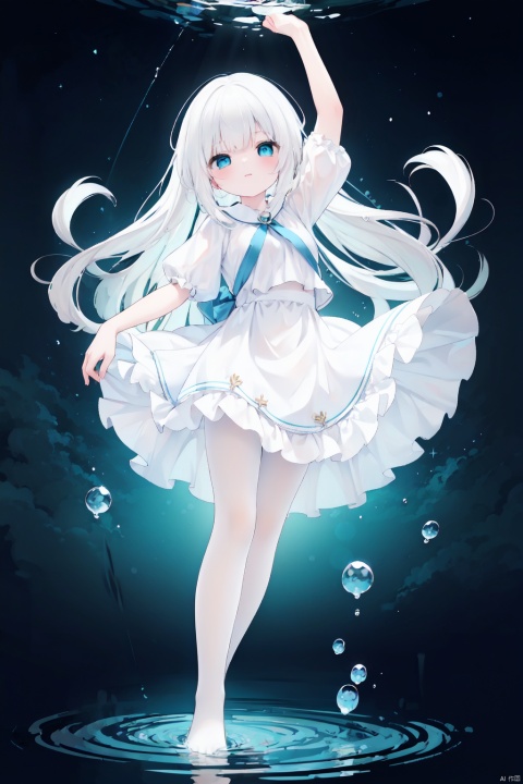 Multi layer white lace skirt,on  water surface, full body picture, white,pantyhose,stepping on the water surface, ripples, falling from the sky to the water surface, white haired blue eyed girl, jellyfish head, two strands of long hair, starry sky, dancing posture, blue courtesy, toeless_legwear