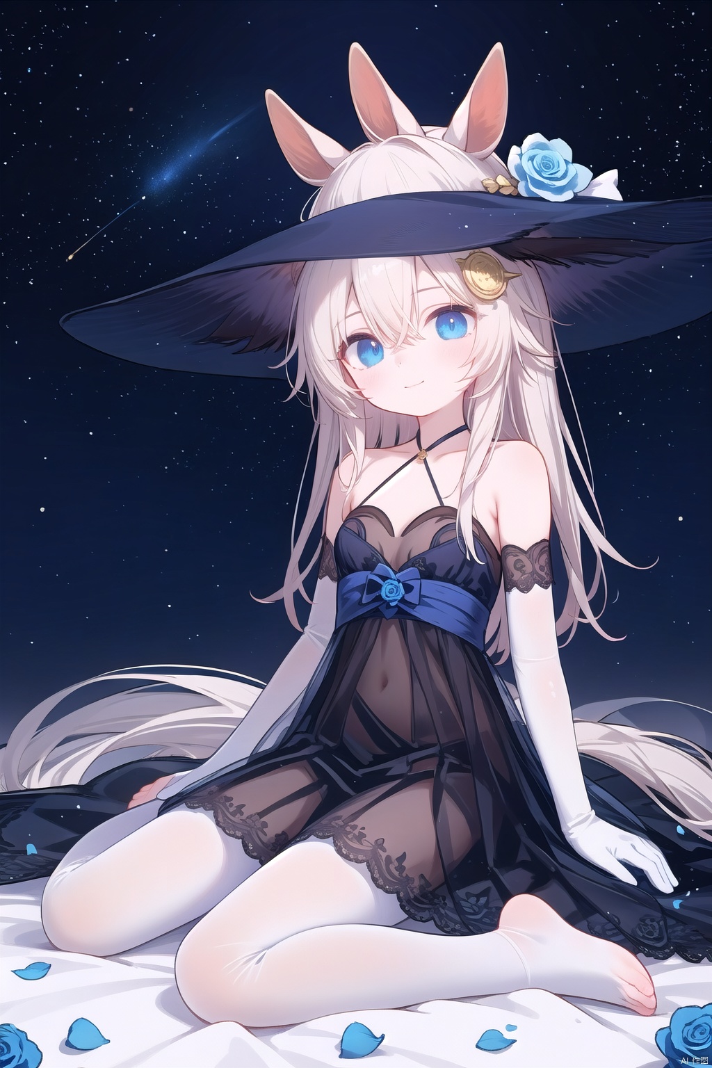 1girl, pleasant, loli, solo, animal ears, (horse ears:1.4), perfect face, round face, (perfect hands), (long straight hair), hair ornament, blue rose, bangs, hair between eyes,closed mouth, gentle smile, witch hat, (halter neck, strapless dress, sleeveless dress, (see-through)), covered breasts, bare shoulder, sleeveless), gown, neck jewelry, lace, elegant, elbow gloves, gold_trim,white pantyhose,toeless_legwear, full body, sitting in the sky,head slit, small breasts, starry sky, night