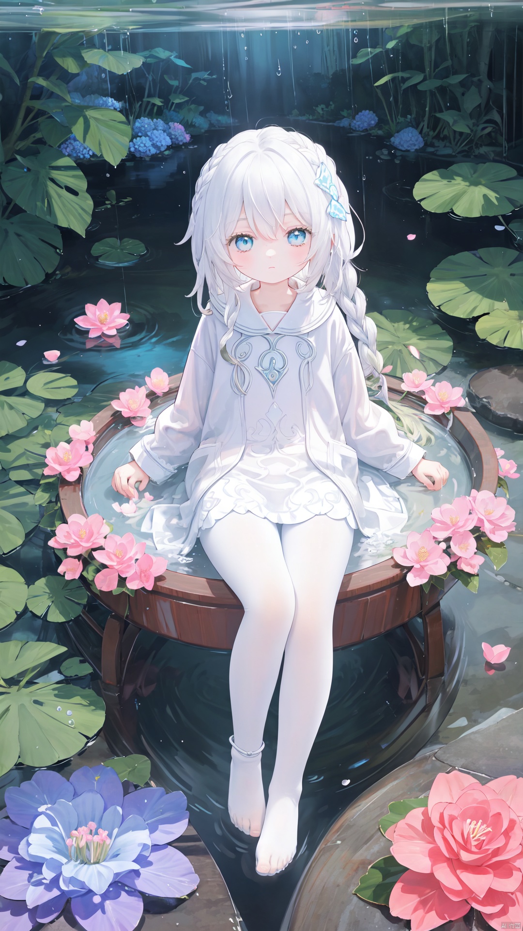  loli, petite, long hair, floating hair, messy hair, 1girl, white hair, white jacket, afloat, air bubble, bathtub, beach, berry, blue eyes, blue flower, bouquet, bow, braid, bubble, camellia, caustics, clover, coral, daisy, floral background, flower, food, fruit, hibiscus, horizon, hydrangea, in water, leaf, lily \(flower\), lily of the valley, lily pad, long sleeves, looking at viewer, lotus, ocean, partially submerged, petals on liquid, pink flower, purple flower, rain, red flower, ripples, rose, sailor collar, shallow water, snowflakes, white pantyhose, solo, submerged, waves, white rose, yellow flower,,,,,, mz-hd, backlight