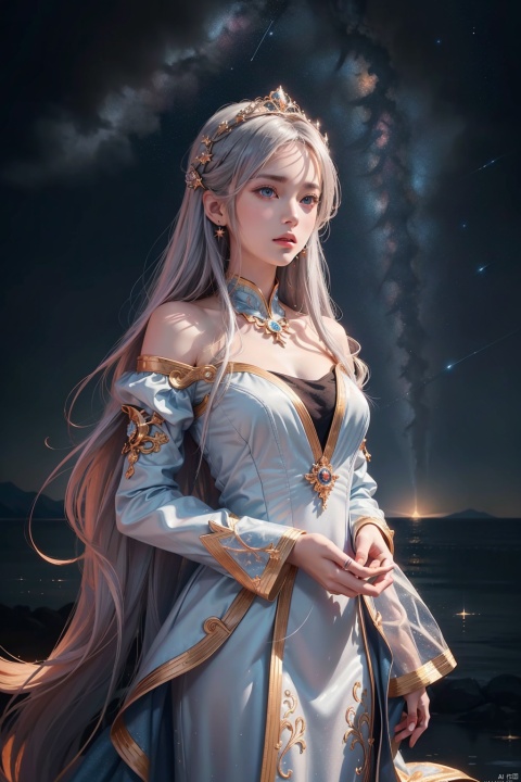 ((masterpiece)), ((best quality)), ((illustration)), extremely detailed,style girl, long shot, small breast,light grey very_long_hair, scifi hair ornaments, beautiful detailed deep eyes, beautiful detailed sky, beautifuldetailed water, cinematic lighting, dramatic angle, (very long sleeves), frills, formal, close to viewer, (an extremely delicate and beautiful),best quality,highres,official art,extremely detailed CG unity 8k wallpaper,  ((starry sky)), star river,array stars, Holy, noble, ((oil painting)) , ((wallpaper 8k CG)), (realistic), Concept Art, vary blue and red and orange and pink hard light, intricate light, dynamic hair, haircut, dynamic fuzziness, beautiful and aesthetic, intricate light, manga and anime