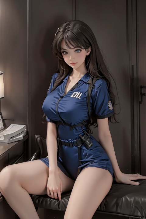  big tits, sexy, spread legs, ((laying on the bed)), Overhead view,  police uniform