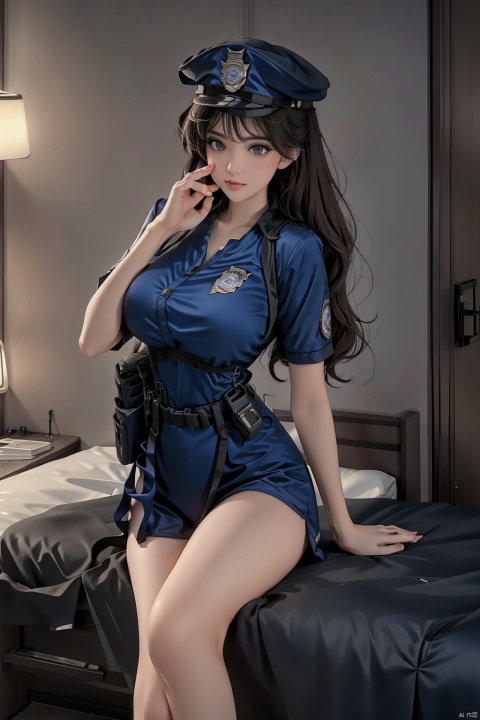  big tits, sexy, spread legs, ((laying on the bed)), Overhead view,  police uniform