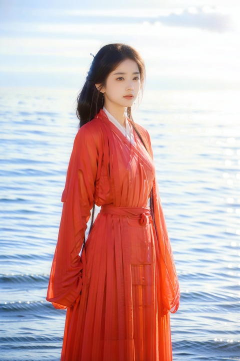 High definition, high quality, realistic, a girl, facing the camera, red Hanfu, (low cut) (showing legs).