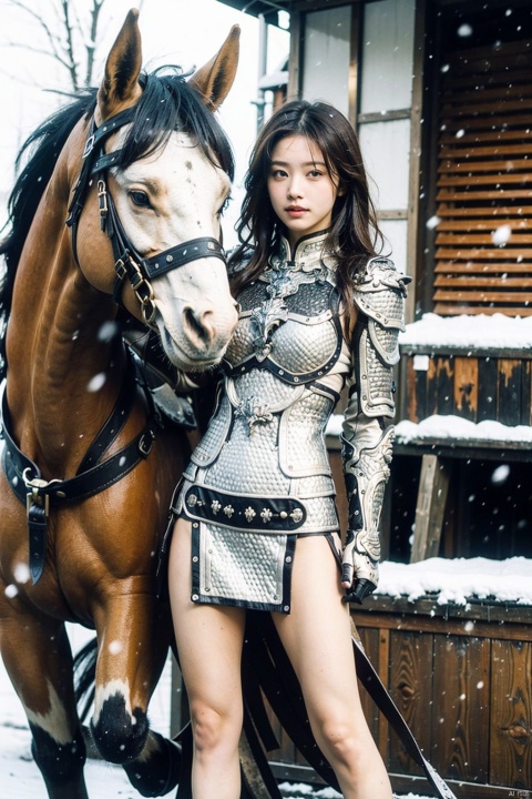 High definition, high quality, realistic, a girl, facing the camera, wearing armor, riding a war horse, it is snowing outside, (nude legs) (low-cut dress).