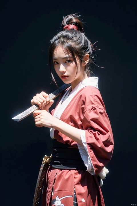 High quality, high definition, a girl, alone, black hair, holding, weapon, Japanese clothes, with red color as the main color, sword, kimono, bun, holding weapon, holding sword, single bun, katana, scabbard, spot color, fighting stance, topknot.