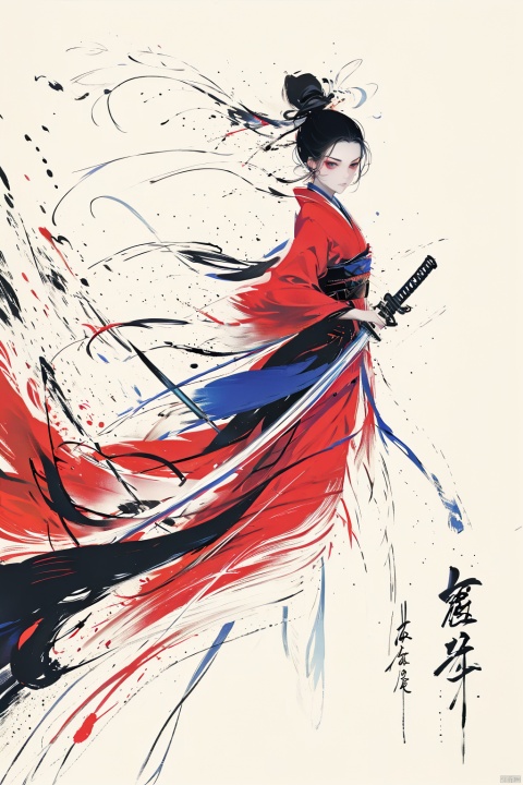High quality, high definition, a girl, alone, black hair, holding, weapon, Japanese clothes, with red color as the main color, sword, kimono, bun, holding weapon, holding sword, single bun, katana, scabbard, spot color, fighting stance, topknot.