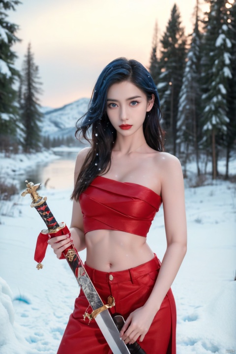 A girl, black hair, blue eyes, holding a sword, lips, long hair, looking at the viewer, outdoors, unsheathing the sword, holding the hilt of the sword, alone, brave and spirited, sword dance, scabbard, arm with protective sheath, snow, snowing, alone, standing, tree, winter, naked, naked, naked.