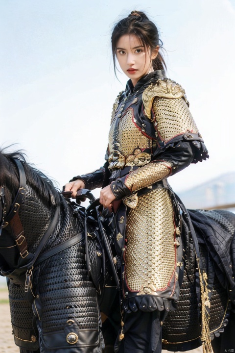 High definition, high quality, realistic, one girl, (armor), (cold weapon) (naked legs) (riding a horse).