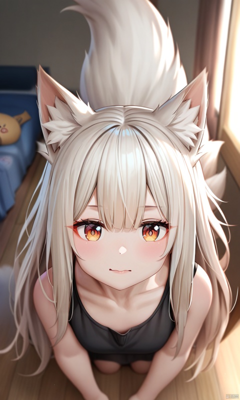 best quality,masterpiece,realistic,
1girl, foxgirl, (White hair), long hair, big messy hair bangs, (red eyes), neko, (fox ear), small, freedoms, soft lighting, home, masterpiece, fluffy tail, heart icons, lovely, perspective view, depths of view,