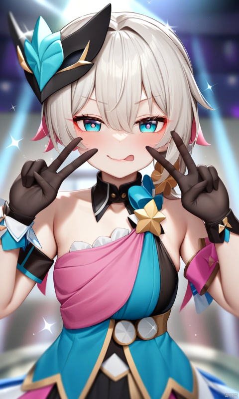 masterpiece, best quality, very aesthetic, absurdres,1girl,solo,depth of field,stage light,:p,v,double v,face focus,blush,naughty face,tongue,idol,idol clothes,sparkle \(honkai: star rail\),gloves,mask,bare shoulders,absurdres,masterpiece,best quality,highres,detailed,
