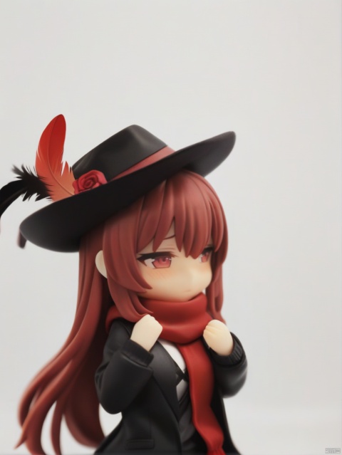 figure,masterpiece, best quality,1girl, red hair, hat, hat feather, red scarf, chibi, nervous