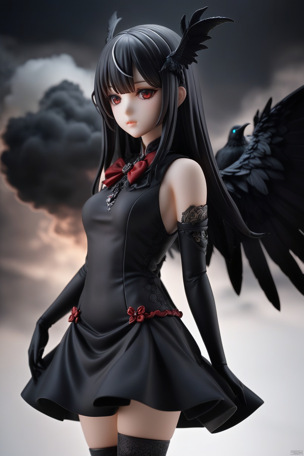 (masterpiece),(highestquality),Anime,(extremelydetailed),figurine,contour deepening beautiful detailed glow,(beautiful detailed eyes), (1 girl:1.1), ((Bana)), large top sleeves, Floating black ashes, Beautiful and detailed black, red moon, ((The black clouds)), (black Wings) , a black cloudy sky, burning, black dress, (beautiful detailed eyes), black expressionless, beautiful detailed white gloves, (crow), bat, (floating black cloud:1.5),white and black hair, disheveled hair, long bangs, hairs between eyes, black knee-highs, black ribbon, white bowties, midriff,{{{half closed eyes}}},((Black fog)), Red eyes, (black smoke), complex pattern, ((Black feathers floating in the air)), (((arms behind back))), robot,, figure