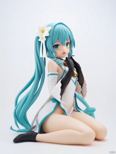  figure,masterpiece,best quality,1girl,(hatsune miku:1.3),solo,looking at viewer,white background,hair flower,black gloves,dress,alternate costume,bell,blush,sitting,detached sleeves,simple background,bare shoulders,open mouth,white flower,