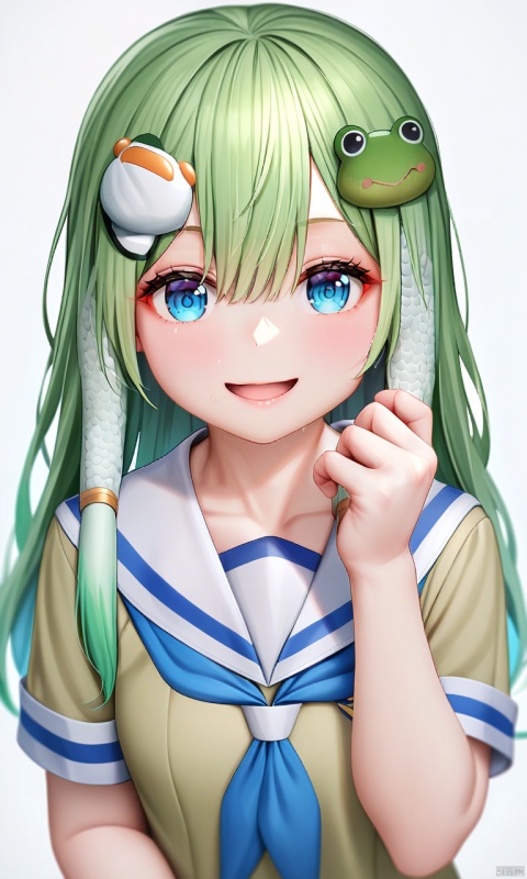best quality,masterpiece,realistic,
1girl, safe, kochiya sanae, solo, long hair, looking at viewer, blush, smile, open mouth, blue eyes, simple background, hair ornament, white background, school uniform, upper body, short sleeves, green hair, serafuku, hand up, sailor collar, neckerchief, hair tubes, frog hair ornament, snake hair ornament