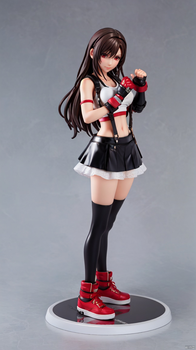  1girl,tifa lockhart,solo,thighhighs,skirt,suspenders,long hair,crop top,gloves,red footwear,suspender skirt,black thighhighs,fingerless gloves,full body,**** top,black skirt,midriff,navel,elbow gloves,boots,black hair,white **** top,clenched hands,brown eyes,fighting stance,brown hair,,full body,red eyes,arena, ( figma:0.8)