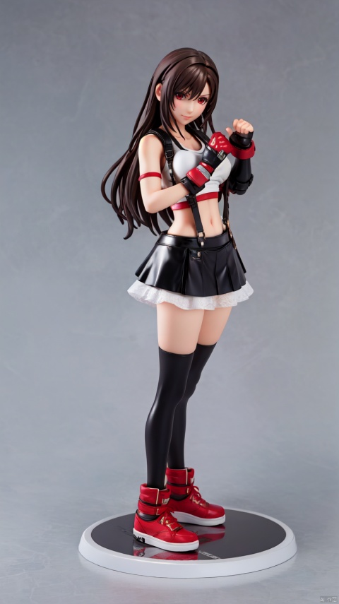  1girl,tifa lockhart,solo,thighhighs,skirt,suspenders,long hair,crop top,gloves,red footwear,suspender skirt,black thighhighs,fingerless gloves,full body,tank top,black skirt,midriff,navel,elbow gloves,boots,black hair,white tank top,clenched hands,brown eyes,fighting stance,brown hair,,full body,red eyes,arena, ( figma:0.8)