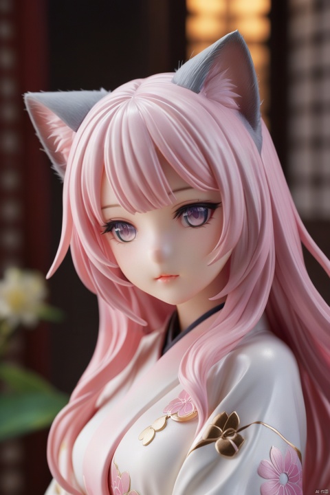 (masterpiece),(highestquality),Anime,(extremelydetailed),figurine,1girl,solo,cuty face,Beautiful detailed eye,,upper body,ray tracing,Reflected light,(very detailed light),(Beautiful Lighting)++++(best quality),masterpiece, best quality,medium breasts,best quality,beautiful detailed eyes,(pink hair), wavy hair,disheveled hair,cat ears,messy hair, long bangs, hairs between eyes,extremely detailed, floating hair,highleg,solo, best quality, masterpiece, highres, original, extremely detailed wallpaper,{an extremely delicate and beautiful}, pink eyes, {beautiful eyes},kimono, (\shuang hua\), figure