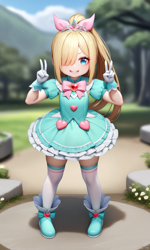 best quality,masterpiece,realistic,
1girl, samus aran, metroid, high ponytail, hair over one eye, one eye covered, masterpiece, best quality, very aesthetic, absurdres, (pastel theme) magical girl, puffy magical girl dress, pastel colors, frilled skirt, thighhighs, puffy short sleeves, gloves, tiara, gem brooch, bow, ribbons, lace trim, frills, frilled fabric, 
lipstick, long eyelashes, eyeshadow, eyeliner, mascara, makeup,  
outdoors, nature, clouds, heart earrings, heart accessories, jewelry, frilled boots, solo, magical girl pose, victory pose, v, grin, (chibi, big head:1.1), kawaii, full body, cel shading