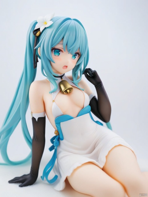  figure,masterpiece,best quality,1girl,hatsune miku,solo,looking at viewer,white background,hair flower,black gloves,dress,alternate costume,bell,blush,sitting,detached sleeves,simple background,bare shoulders,open mouth,white flower,