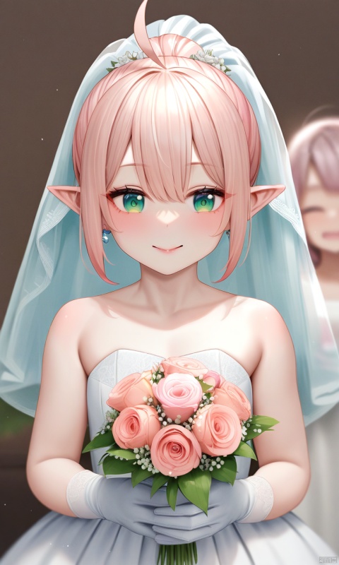 best quality,masterpiece,realistic,
1girl, solo focus, pink hair, ponytail, green eyes, ahoge, pointy ears, earrings, wedding dress, bouquet, lace trim, white gloves, long gloves, bridal veil, bride, smile, blush, petite, simple background, flat color